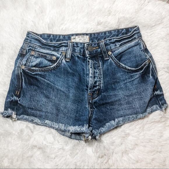 Free People Blue Jean Frayed Hem Cutoff Shorts - Picture 1 of 6